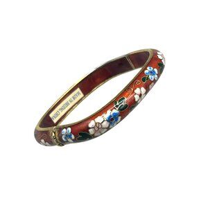 Vintage Cloisonne Bangle Bracelet Hinged Square Geometric Floral Older Oriental